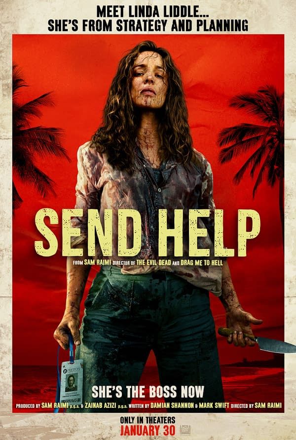 This horror movie poster features a female character named Linda Liddle, who appears disheveled and bloodied, holding a knife. The background is a striking red with palm trees, and bold text reads 'SEND HELP' alongside credits indicating it's from Sam Raimi.