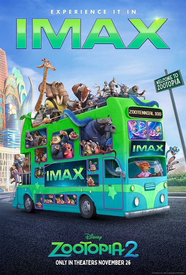 A colorful poster for Disney's Zootopia 2 featuring a vibrant double-decker bus adorned with various animal characters. The bus is highlighted with the word 'IMAX' prominently displayed, and the backdrop showcases a whimsical cityscape with a sign reading 'Welcome to Zootopia.'