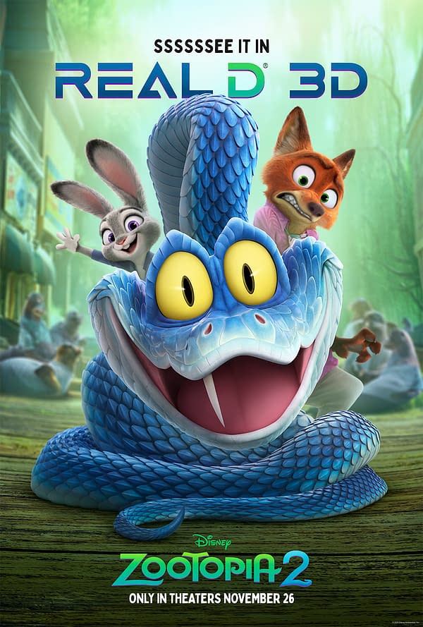 A colorful promotional poster for Disney's "Zootopia 2" featuring an animated blue snake with large eyes in the foreground, alongside a rabbit and a fox, set against a vibrant city background. The text promotes the film's release in theaters, highlighting 'REAL D 3D'.