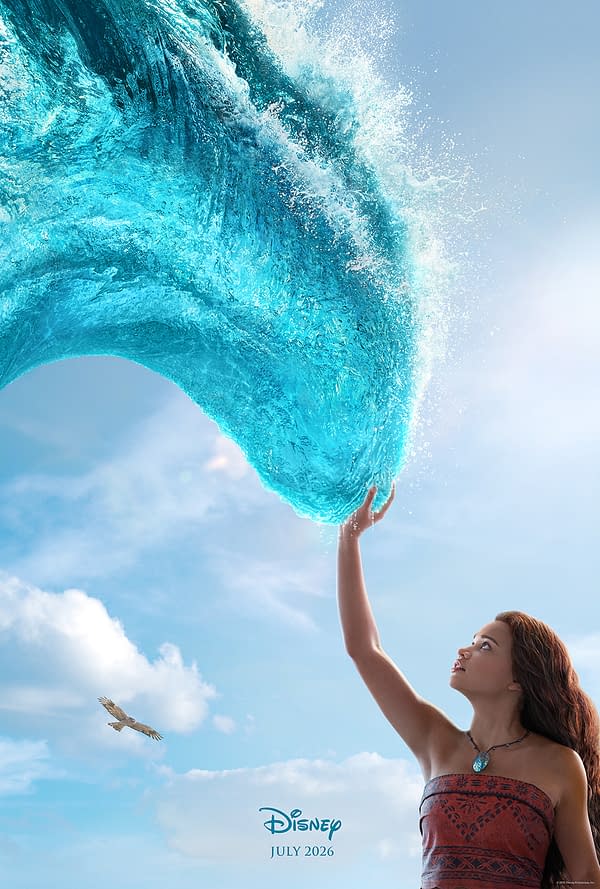 A teaser poster for Disney's live-action adaptation of Moana features a young woman with flowing brown hair, wearing a red and patterned garment. She reaches out to a large, shimmering wave of blue water, set against a bright sky, suggesting a connection with the ocean.