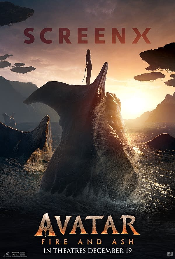 A movie poster for 'Avatar: Fire and Ash' featuring a silhouetted figure standing on a rock formation, set against a vibrant sunset with floating islands in the background. The poster highlights the release date of December 19 and includes the 'ScreenX' logo.