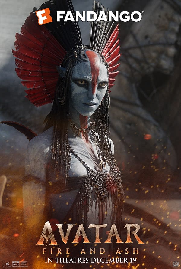 A digital movie poster for 'Avatar: Fire and Ash,' featuring a character with blue skin, intricate red and black feathered accessories, and striking facial markings. The title 'AVATAR' is prominently displayed at the bottom, with the release date noted as December 19.