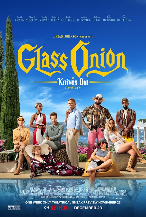 Movie poster for 'Glass Onion: A Knives Out Mystery', featuring an ensemble cast posed around a luxurious pool with a backdrop of a bright blue sky and coastal scenery.