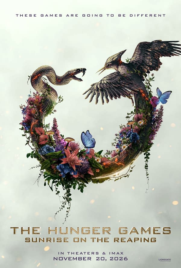 A promotional poster for 'The Hunger Games: Sunrise on the Reaping,' featuring a snake and a bird facing each other, intertwined with colorful flowers and butterflies. The text states 'These games are going to be different' and includes the film's release date of November 20, 2026.