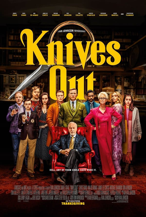 The promotional poster for the film 'Knives Out', featuring a group of characters standing in a lavish library setting. In the foreground, a man in a plaid suit sits in a red armchair, surrounded by various other characters, all posed as if part of a mystery ensemble.