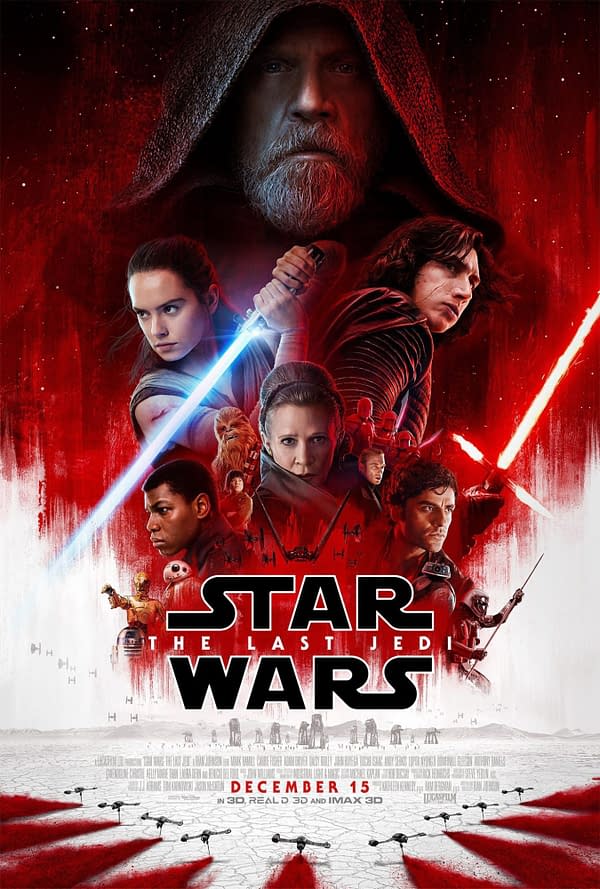 Poster for 'Star Wars: The Last Jedi,' featuring key characters like Rey with a blue lightsaber, Luke Skywalker with a serious expression, and Kylo Ren wielding a red lightsaber, set against a dramatic red and dark backdrop. The title and release date are prominently displayed at the bottom.