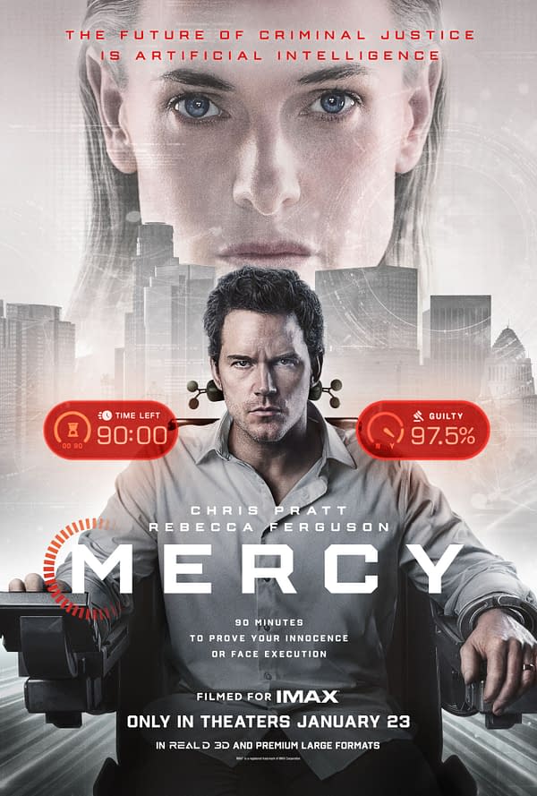 Movie poster for 'Mercy' featuring Chris Pratt and Rebecca Ferguson. The design includes a countdown timer and a guilt percentage, highlighting themes of artificial intelligence and justice with a futuristic cityscape in the background.