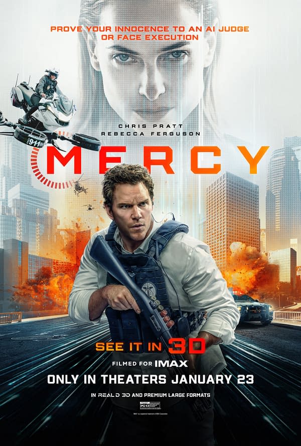 Movie poster for 'MERCY' featuring Chris Pratt as a determined character holding a gun in a chaotic urban setting with explosions and law enforcement vehicles. The tagline emphasizes the need to prove one's innocence to an AI judge, while the title 'MERCY' is prominently displayed.
