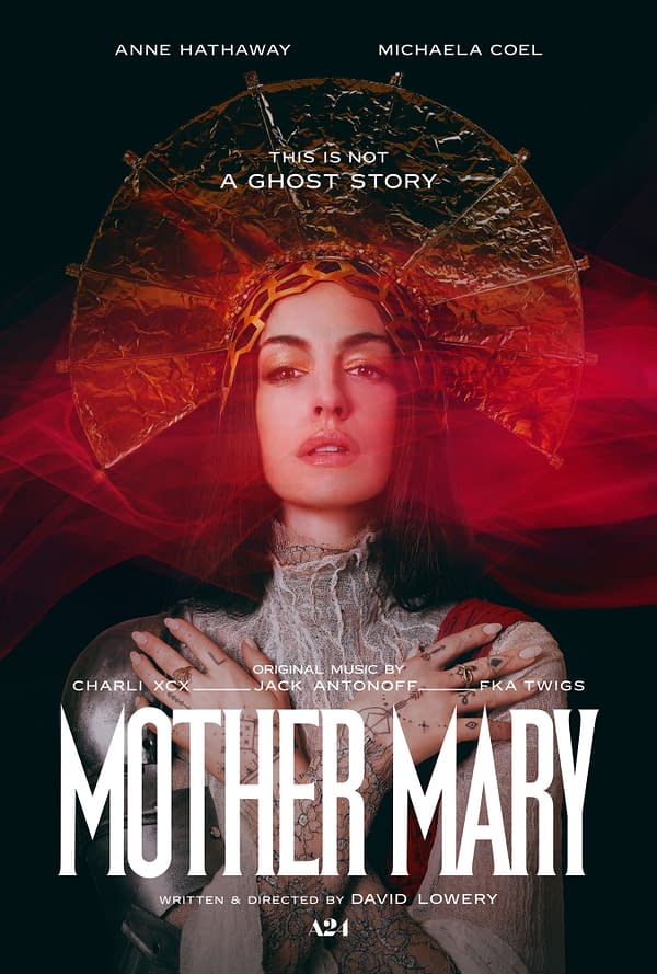 Teaser poster for 'Mother Mary,' featuring a woman with a dramatic golden crown and a lace outfit, overlaid with ethereal red fabric. The poster includes names of the cast and crew, emphasizing the film's unique approach.