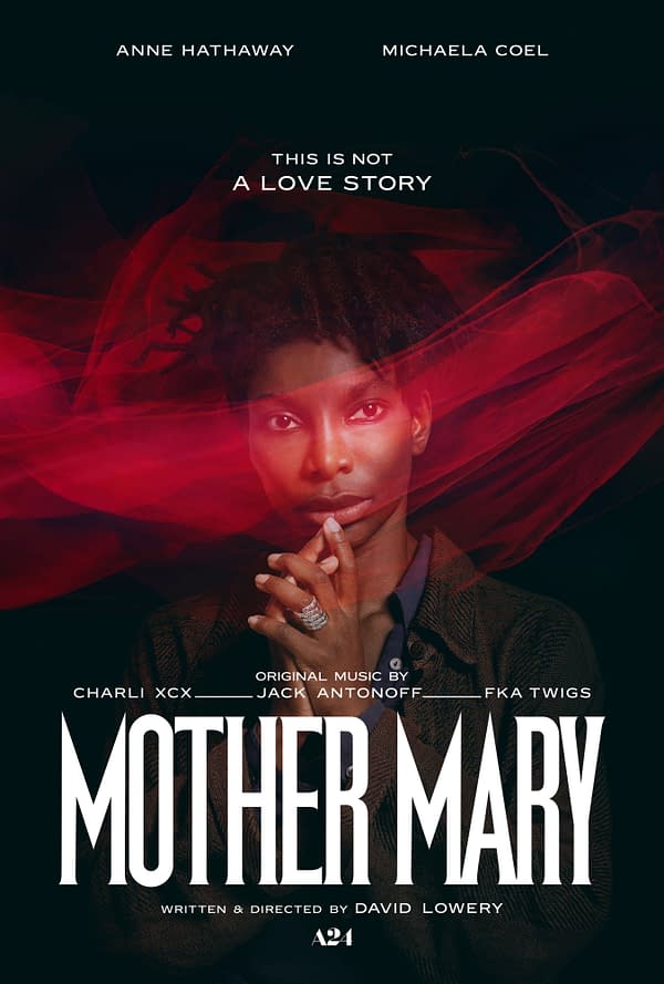 Teaser poster for 'Mother Mary' featuring Michaela Coel with a contemplative expression and hands clasped, surrounded by flowing red fabric. The text highlights the cast and notes it is 'not a love story,' with music by Charli XCX, Jack Antonoff, and FKA Twigs.