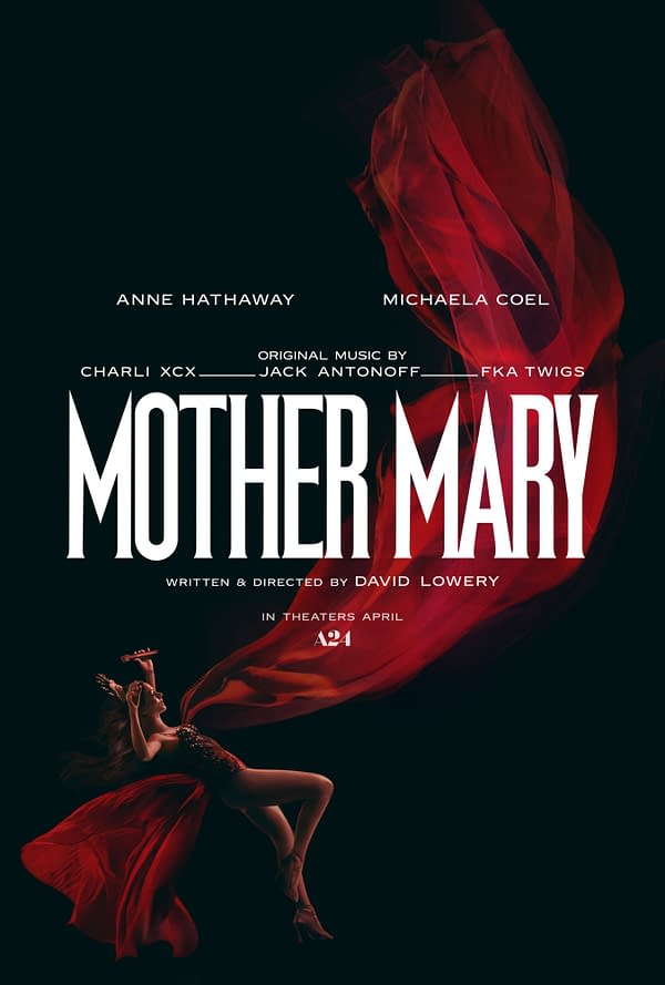 Teaser poster for the film 'Mother Mary,' featuring a dynamic pose of a woman in a flowing red gown against a dark background. The text lists the main actors, Anne Hathaway and Michaela Coel, along with music credits and the film's release details.