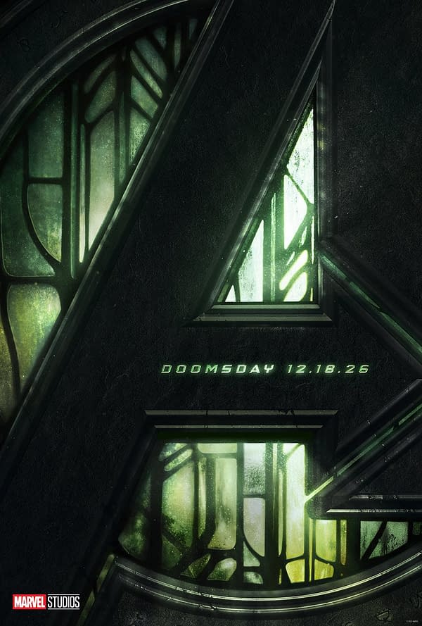A dark poster featuring a stylized 'A' representing the Avengers, with intricate geometric patterns and a glass-like effect that gives the impression of light filtering through. The text reads 'DOOMSDAY 12.18.26' in a futuristic font.