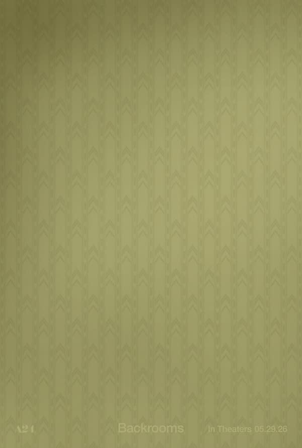 A minimalist promotional poster for the film 'Backrooms,' featuring a textured pale yellow background with repeating geometric patterns. The text 'A24 Backrooms In Theaters 05.29.26' is placed at the bottom.