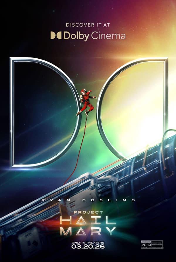 A poster for 'Project Hail Mary' featuring a stylized logo in bright colors, with an astronaut in a red suit suspended from a tether, against a cosmic background. The poster promotes the film starring Ryan Gosling, indicating it will be showing in Dolby Cinema, and includes the release date of March 20, 2026.