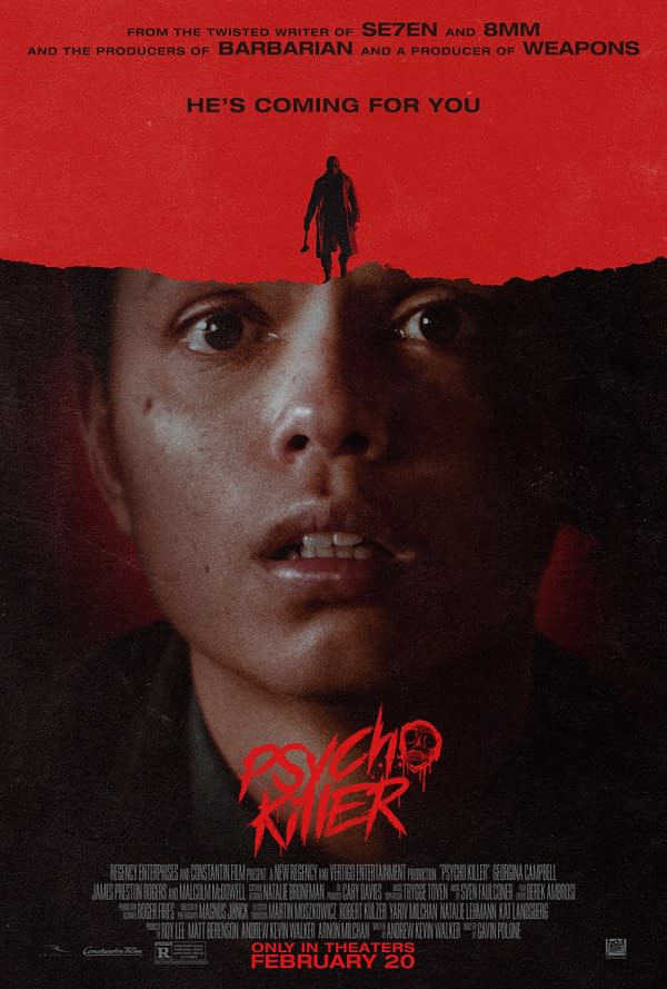 A movie poster for "Psycho Killer" featuring a close-up of a terrified young man with wide eyes, against a striking red background. The title "PSYCHO KILLER" is prominently displayed in a bold, dripping font, with a shadowy figure looming above him.
