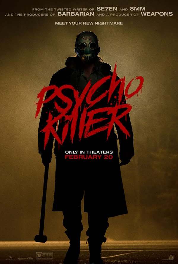 A sinister movie poster for 'Psycho Killer,' showcasing a figure in a dark coat and a metallic mask, holding a sledgehammer. The title is prominently displayed in bold red letters, set against a dark, foggy background.