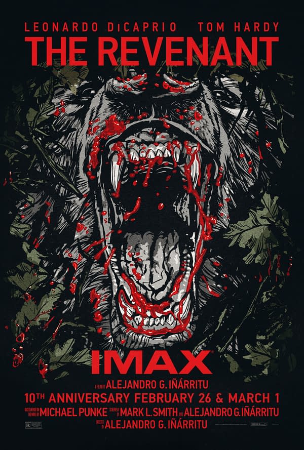 A theatrical poster for the re-release of 'The Revenant,' featuring a fierce bear's mouth with blood, set against a dark background. The poster highlights the film's title, director, and anniversary dates, emphasizing its presentation in IMAX.