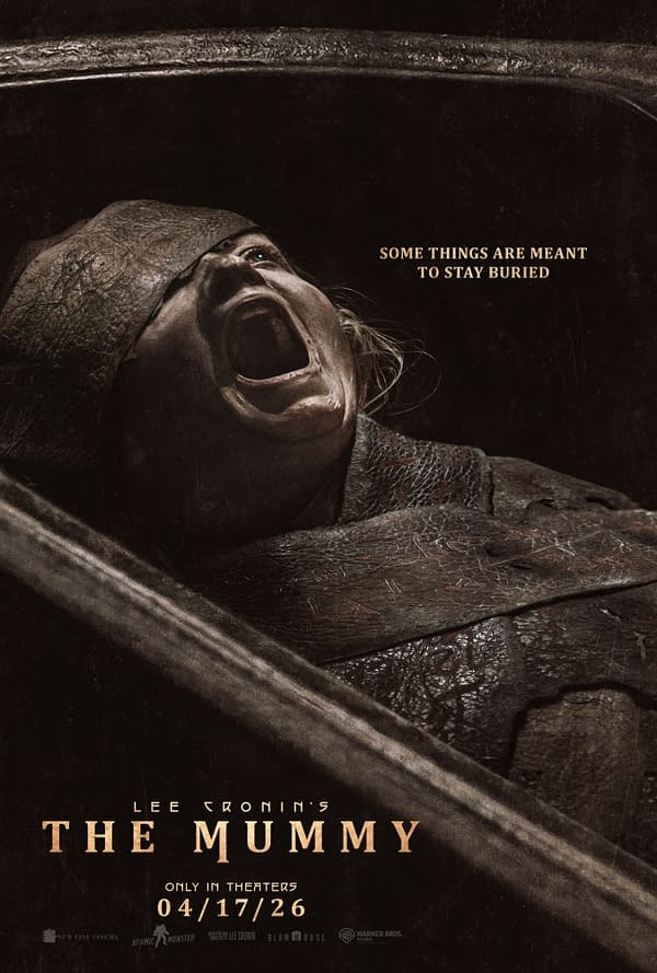 A horror film poster for "Lee Cronin's The Mummy" features a screaming figure, partially obscured by dark fabric, evoking a sense of terror. The tagline reads, "Some things are meant to stay buried," with the film's release date noted as April 17, 2026.
