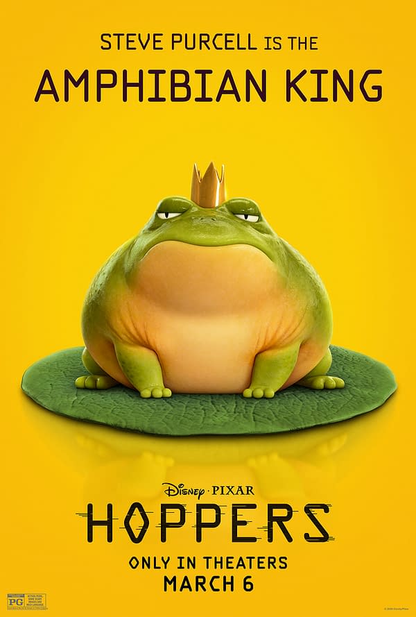 An illustration featuring a large, cartoon-style green frog sitting on a lily pad, wearing a golden crown, with a bright yellow background. The text above reads "STEVE PURCELL IS THE AMPHIBIAN KING," and the title "HOPPERS" is displayed prominently at the bottom.