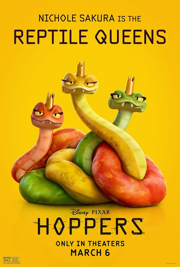 Colorful cartoon snakes, representing the Reptile Queens, pose playfully against a bright yellow background. The image, promoting the Disney-Pixar film 'Hoppers,' features playful expressions and bright colors, inviting viewers to the movie in theaters on March 6.