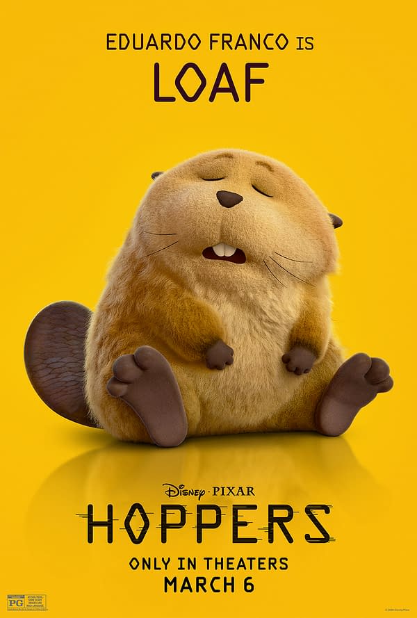 A cartoon character named Loaf, who is a fluffy beaver-like creature, is featured against a bright yellow background. The image promotes Disney and Pixar's film 'Hoppers', highlighting the voice of Eduardo Franco.