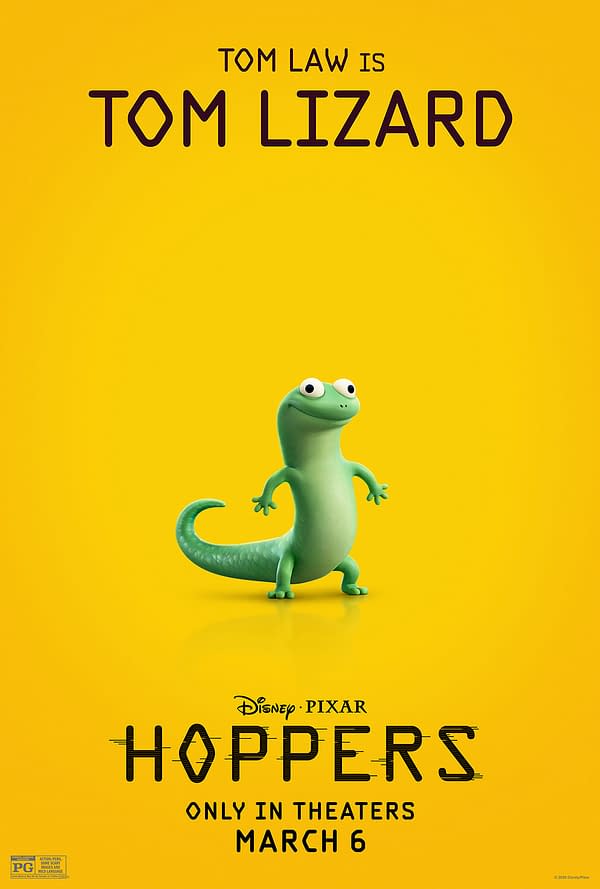 A colorful character poster for the animated film 'Hoppers,' featuring a cheerful green lizard named Tom Lizard, voiced by Tom Law. The background is bright yellow, and the poster promotes the film's theatrical release on March 6.