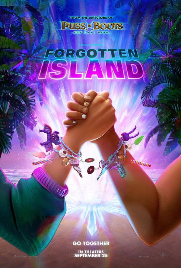 A colorful poster for the animated film 'Forgotten Island' featuring two hands clasped together, adorned with charm bracelets. The background depicts vibrant tropical foliage and a mystical glow, emphasizing a sense of adventure. The text includes the film title and a release date, suggesting a light-hearted, family-friendly theme.
