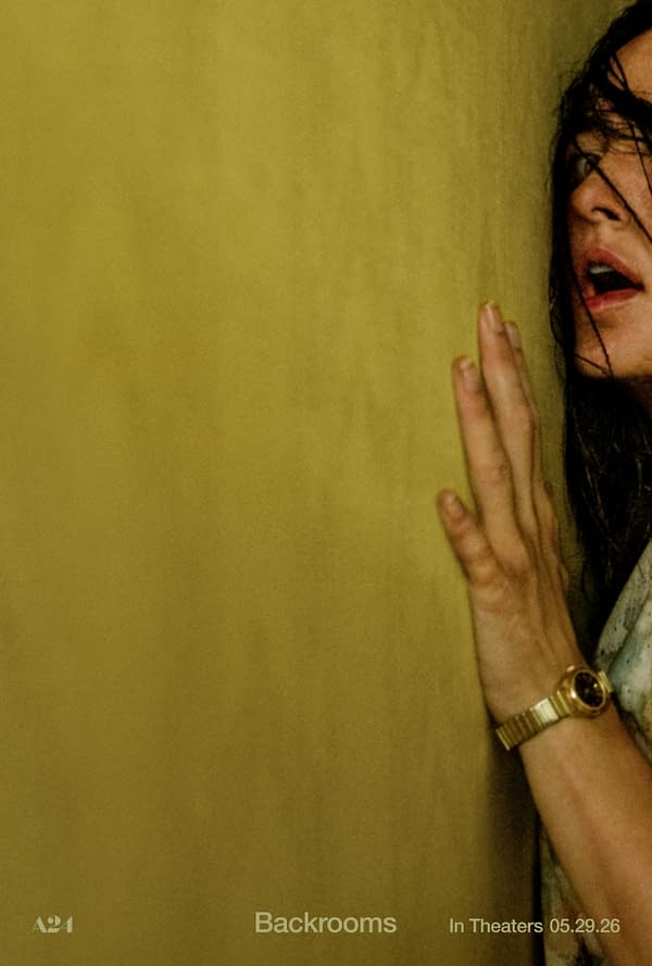 A tense moment captured in a horror film poster, featuring a woman pressed against a yellow wall, her hand raised as if in distress, with disheveled hair obscuring part of her face. The text at the bottom indicates the film title 'Backrooms' and its theatrical release date.