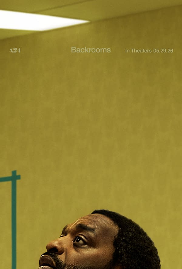 A promotional poster for the film 'Backrooms' featuring a man looking up with a concerned expression against a textured yellow wall, accompanied by the text stating the film's release date of May 29, 2026.