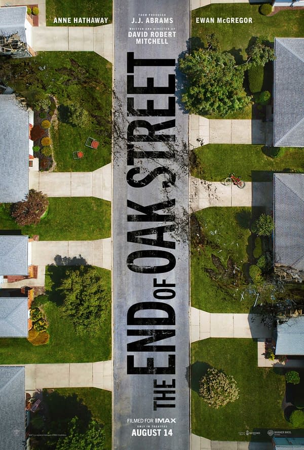 A movie poster for 'The End of Oak Street,' featuring an aerial view of a suburban street with houses and well-manicured lawns. The title is prominently displayed in large, cracked letters across the center of the street.
