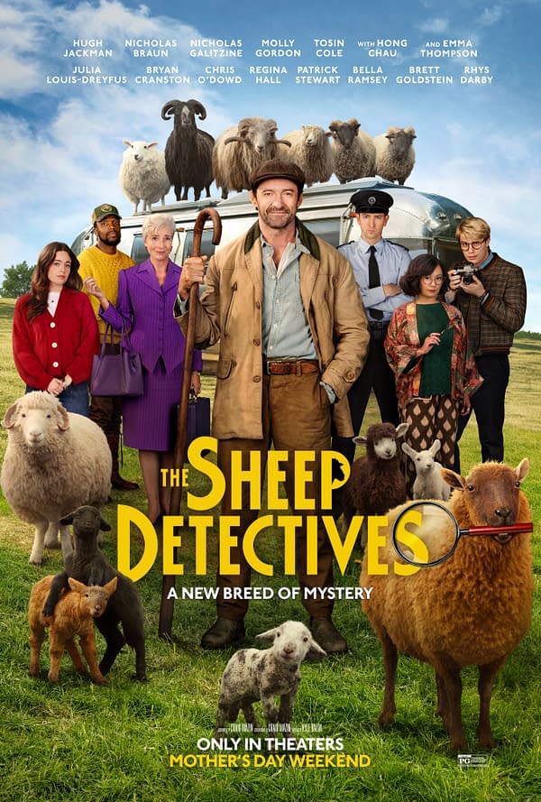 A colorful movie poster for 'The Sheep Detectives' featuring a group of characters, including a farmer holding a cane, alongside various sheep. The title is prominently displayed at the bottom, with a line indicating it as 'A New Breed of Mystery,' suggesting a comedic mystery genre.