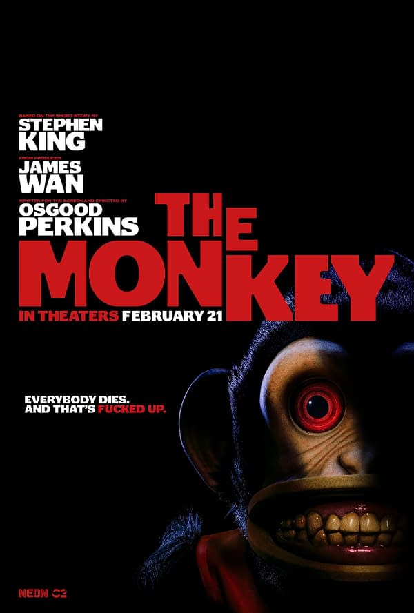 A dark and eerie promotional poster for the film 'The Monkey,' featuring a close-up of a sinister-looking monkey with red eyes and a menacing smile. Bold text displays the movie title along with the release date and tagline hinting at a horror theme.