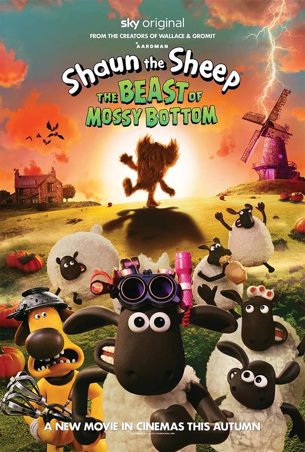 A colorful cartoon promotional poster for 'Shaun the Sheep: The Beast of Mossy Bottom,' featuring Shaun and other sheep with whimsical expressions, alongside a mysterious furry creature in the background, a house, and a windmill under a dramatic sky.