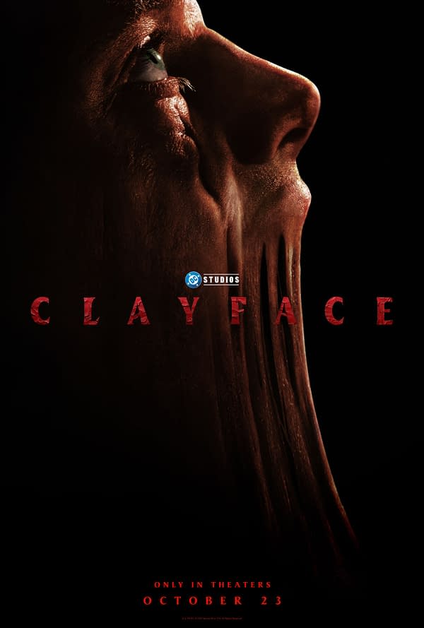 The official poster for 'Clayface,' featuring a distorted, darkly illuminated face with a flowing, clay-like texture. The title 'CLAYFACE' is prominently displayed in red at the center, with the release date 'OCTOBER 23' at the bottom.