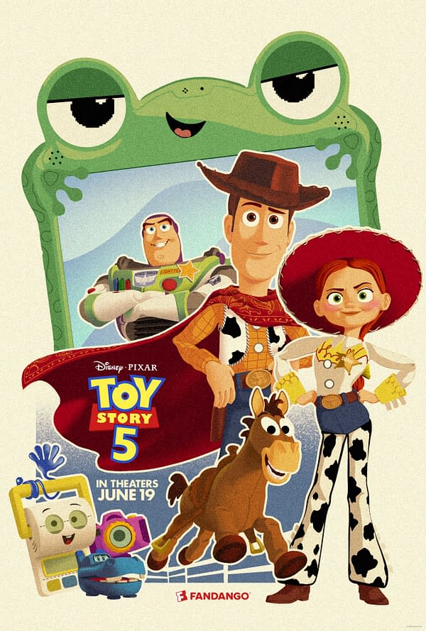 Toy Story 5 poster art featuring Woody, Buzz Lightyear, Jessie, Bullseye, and other toys under a large green frog frame, with Fandango branding and a June 19 release date.