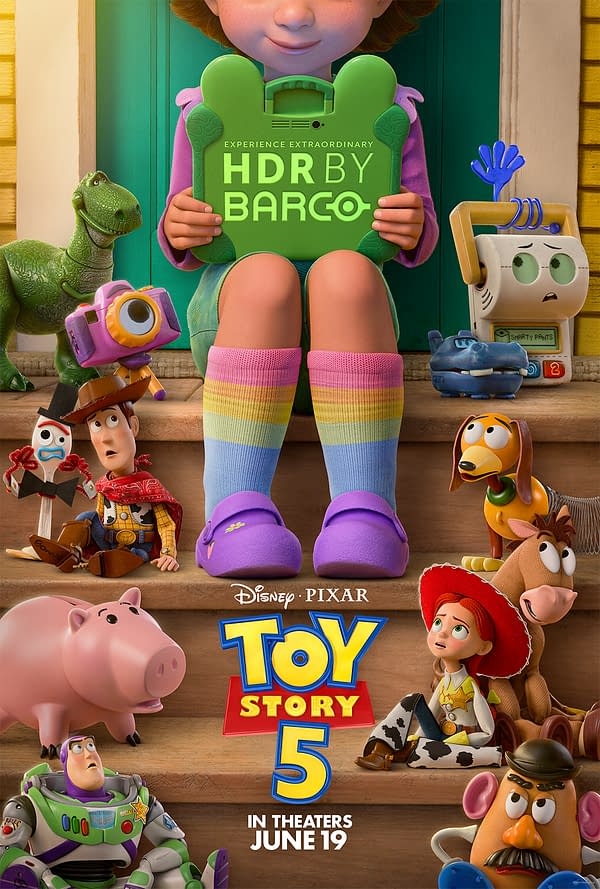 Toy Story 5 poster featuring Bonnie holding a glowing green HDR by Barco tablet, surrounded by Woody, Jessie, Buzz Lightyear, Rex, Hamm, and other toys on wooden steps. Text at the bottom reads Disney Pixar Toy Story 5 and In Theaters June 19.