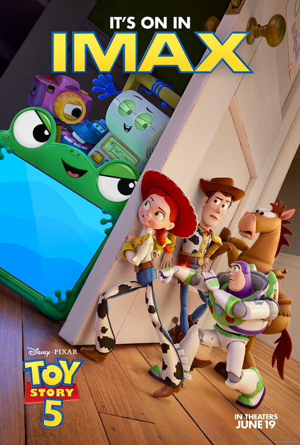 Toy Story 5 poster featuring Woody, Jessie, Buzz Lightyear, Bullseye, and a new group of colorful toy characters, with