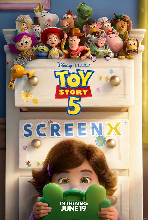 Disney Pixar Toy Story 5 ScreenX poster showing Woody, Jessie, Buzz Lightyear, and other toys peeking over a dresser while a child holds a green toy mask below the title.