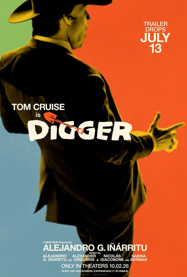 Stylized poster for Digger showing Tom Cruise in a side profile with outstretched hands against a bold orange, blue, and green background, with trailer release text and July 13 highlighted.