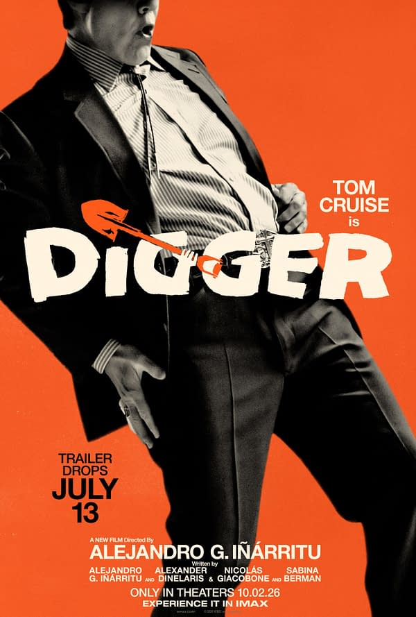 Stylized movie poster featuring Tom Cruise in a suit against a bright orange background, with the title Digger across the center and release text below.