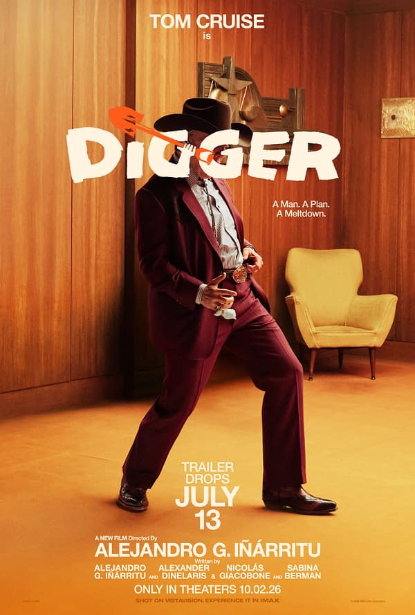 Movie poster for Digger, featuring Tom Cruise in a maroon suit and black cowboy hat in a wood-paneled room, with release text for the July 13 trailer.