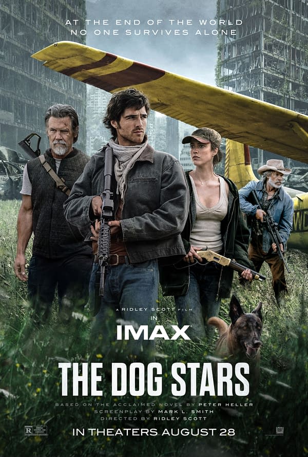 Poster for the science-fiction thriller The Dog Stars showing four armed survivors standing in a ruined, overgrown city beside a yellow airplane wing, with a dog in the foreground.