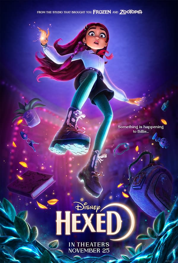Disney teaser poster for <em>Hexed</em> showing a frightened young girl with glowing magic around her, floating above a purple background with books, a backpack, and other enchanted objects.