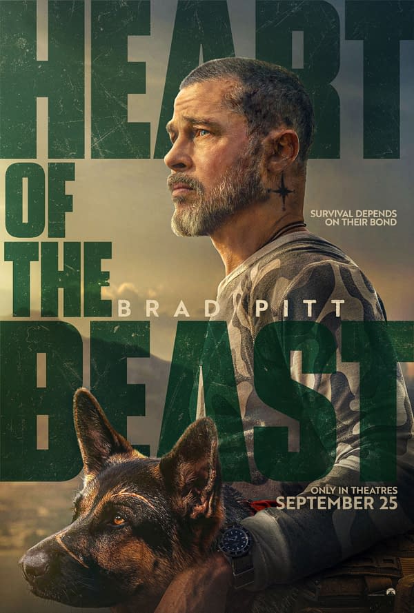 Movie teaser poster for Heart of the Beast featuring Brad Pitt in profile with a German shepherd, with the tagline