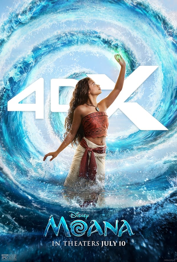Disney Moana 4DX poster featuring Moana reaching toward a glowing object amid swirling ocean waves.
