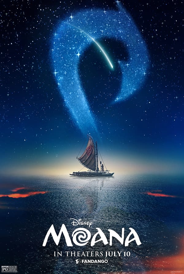 Disney Moana theatrical poster showing a small sailboat on a shimmering ocean beneath a starry night sky and glowing blue swirl, with the Moana title at the bottom.