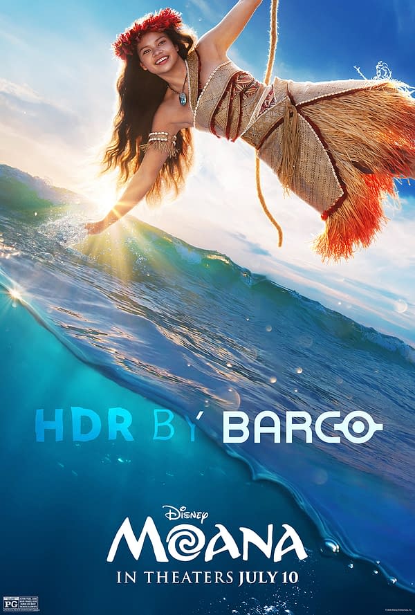 Disney Moana poster featuring Moana smiling as she rides a wave above the ocean at sunset, with theatrical release text at the bottom.