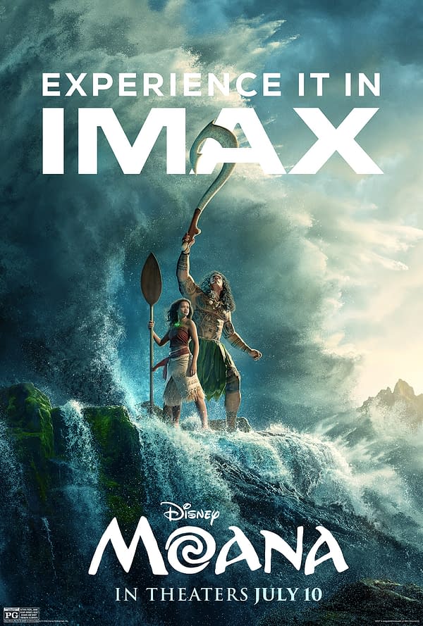 Disney Moana IMAX poster showing Moana and Maui standing on a rocky wave, with Maui holding up a giant hook beneath the text