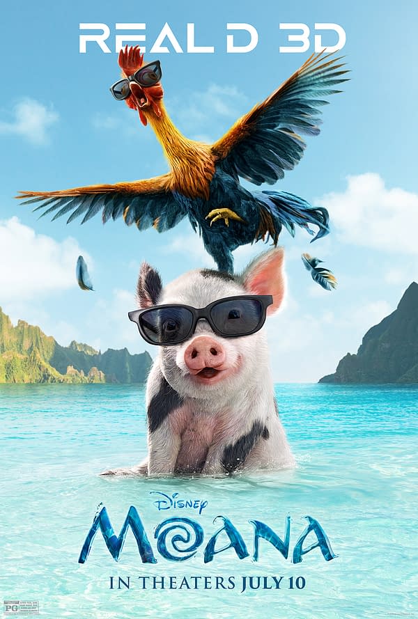 Disney Moana RealD 3D poster featuring a sunglasses-wearing rooster standing on a pig in tropical ocean water.