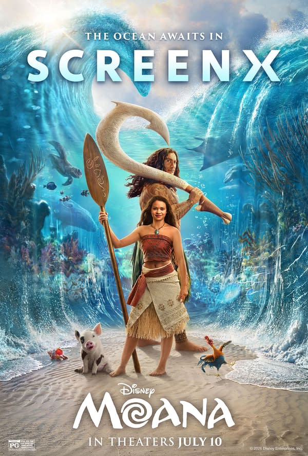 Disney Moana ScreenX poster featuring Moana and Maui standing on a beach before giant curling ocean waves, with Pua and Heihei nearby.